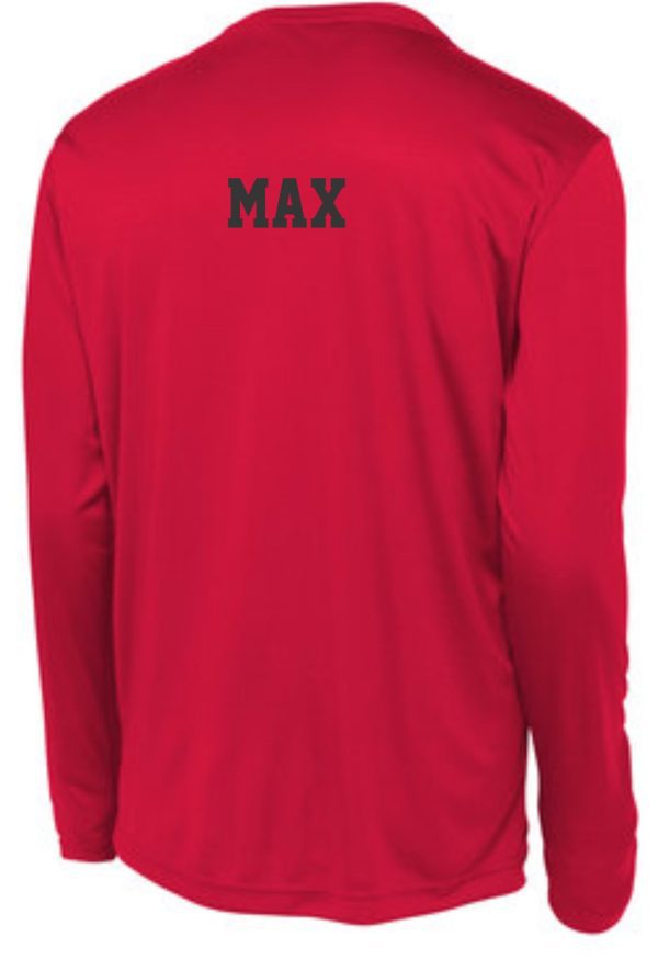 Back view of a Immaculata Red long sleeve T shirt with the name "max" printed in gray across the upper back.