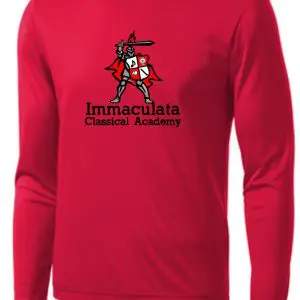 Immaculata Red moisture wicking long sleeve T shirt ST350LS with "immaculata classical academy" and a knight mascot graphic printed in white.