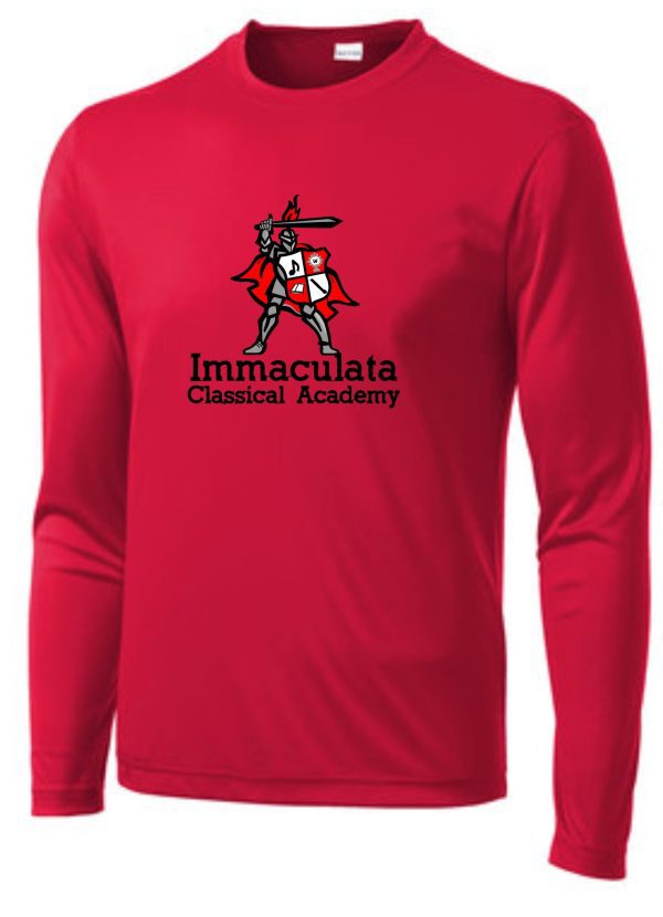 Immaculata Red moisture wicking long sleeve T shirt ST350LS with "immaculata classical academy" and a knight mascot graphic printed in white.