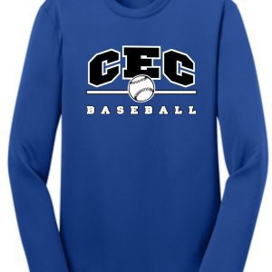 A blue CEC Baseball Wicking Long slv Royal T-shirt ST350LS/YST350LS with "cec baseball" printed in white and black, featuring a baseball graphic in the center.