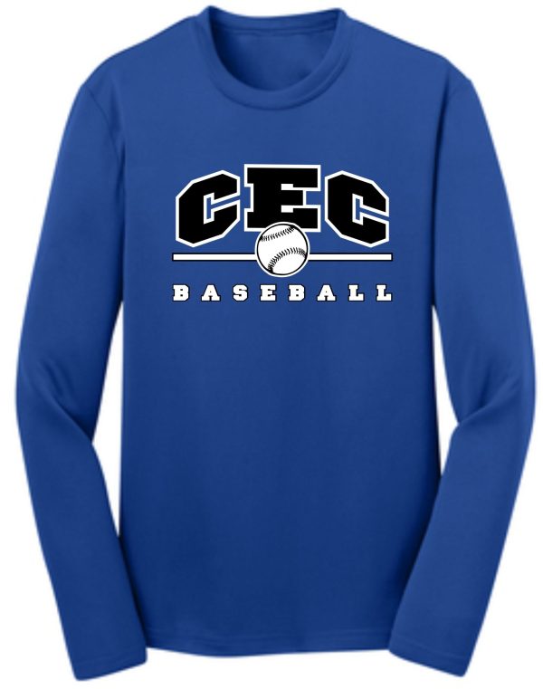 A blue CEC Baseball Wicking Long slv Royal T-shirt ST350LS/YST350LS with "cec baseball" printed in white and black, featuring a baseball graphic in the center.