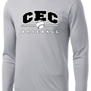 Long-sleeved CEC Baseball Wicking Silver T-shirt with "cec baseball" logo featuring a baseball graphic in black and white.