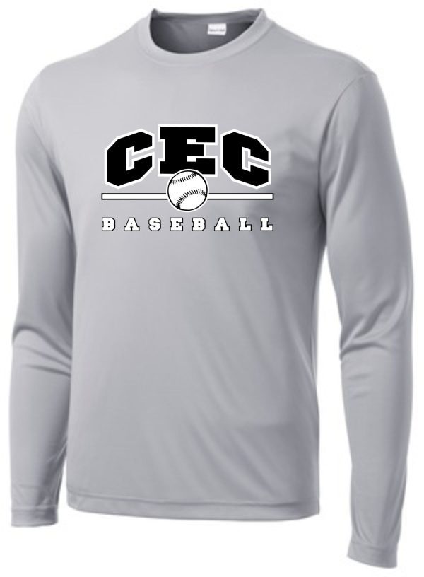 Long-sleeved CEC Baseball Wicking Silver T-shirt with "cec baseball" logo featuring a baseball graphic in black and white.