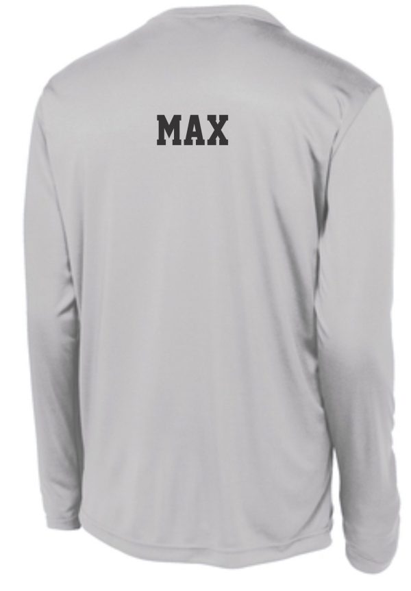 Rear view of a Immaculata Sport Gray long-sleeve shirt with "max" printed in black letters across the upper back.