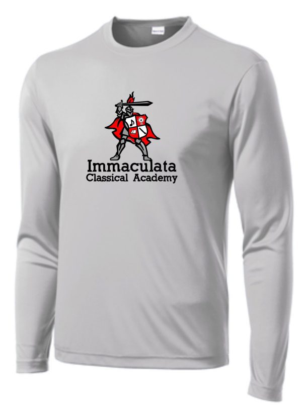 Immaculata Silver moisture wicking long sleeve T shirt with "immaculata classical academy" text and a red logo featuring a knight on the chest.