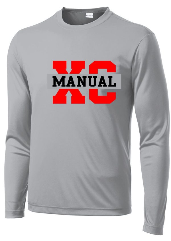 Grey Manual Cross Country ADULT long sleeve Moisture wick ST350LS with the words "xc manual" printed in red and black on the front.