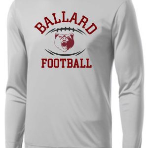 Ballard Football L/S moisture wicking T ST350LS/YST350LS with "ballard football" text and a bear logo inside a red oval on the chest.