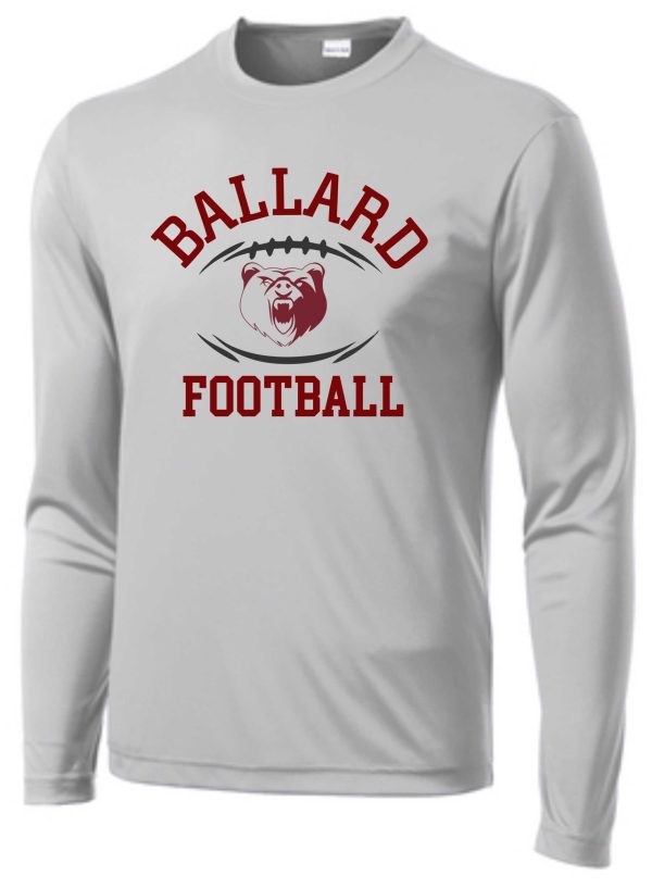 Ballard Football L/S moisture wicking T ST350LS/YST350LS with "ballard football" text and a bear logo inside a red oval on the chest.