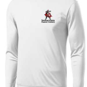 Immaculata White moisture wicking long sleeve T shirt ST350LS with Immaculata classical academy logo featuring a knight on horseback.