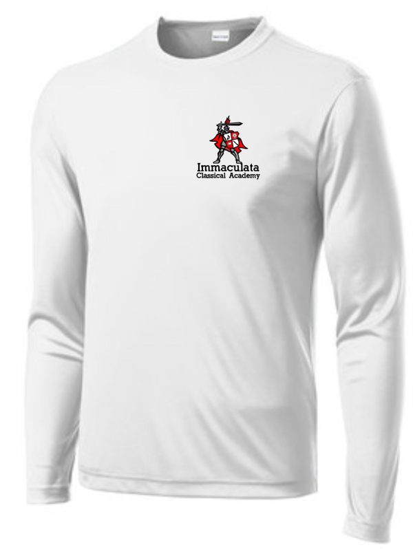 Immaculata White moisture wicking long sleeve T shirt ST350LS with Immaculata classical academy logo featuring a knight on horseback.