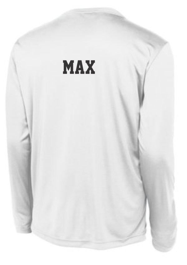 Immaculata White long sleeve T shirt with the name "max" printed in black letters on the upper back.