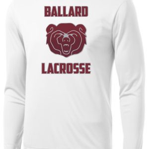 Ballard Lacrosse Wicking Long-sleeve T-shirt ST350LS/YST350LS with "ballard lacrosse" text and a logo of a bear's head in maroon color.