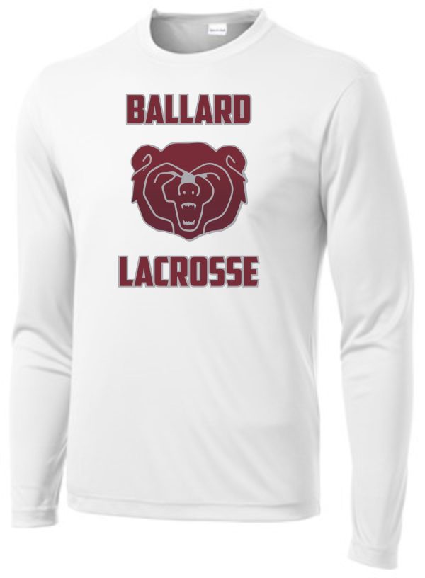 Ballard Lacrosse Wicking Long-sleeve T-shirt ST350LS/YST350LS with "ballard lacrosse" text and a logo of a bear's head in maroon color.