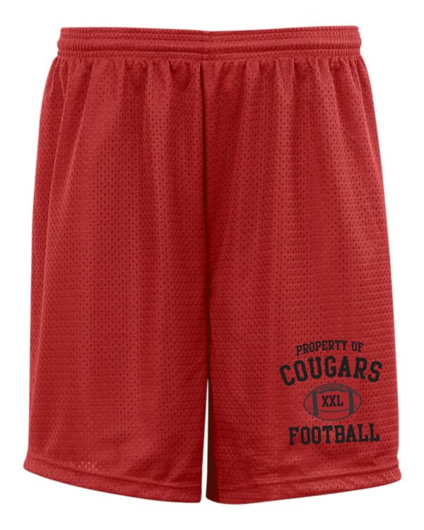 Red Cougars football mesh shorts.