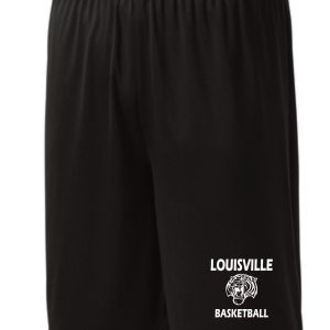 Black athletic shorts with Louisville Tigers Basketball logo on the left leg.