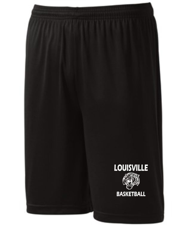 Black athletic shorts with Louisville Tigers Basketball logo on the left leg.