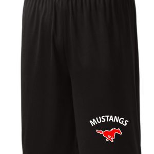 St Margaret Mary black athletic shorts with a red "mustangs" logo and a silhouette of a mustang on the left leg.