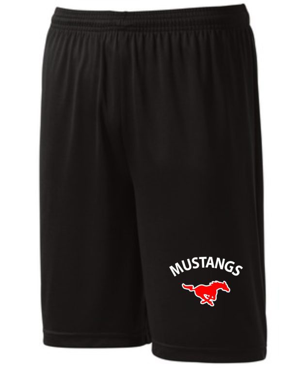 St Margaret Mary black athletic shorts with a red "mustangs" logo and a silhouette of a mustang on the left leg.