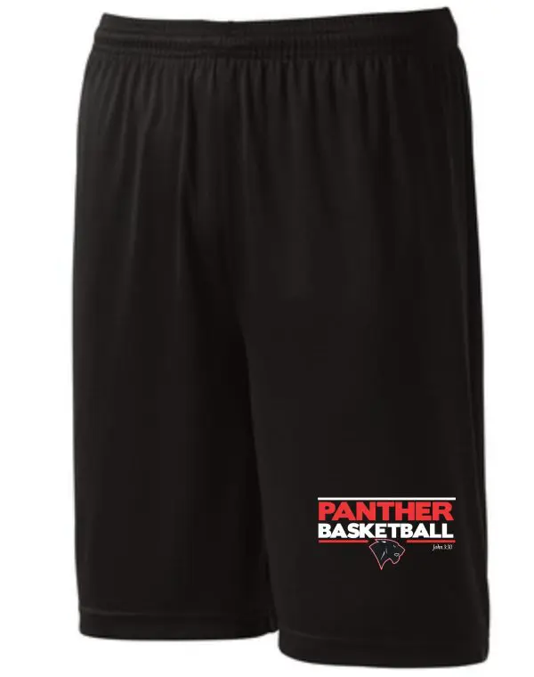 Heart For Christ moisture wicking shorts ST355 with elastic waistband, featuring a "panther basketball" logo and a panther graphic on the left leg.