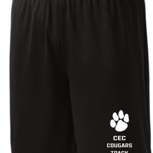 CEC Track Black shorts ST355/YST355 with a white "cec cougars track" logo and a paw print on the left leg.