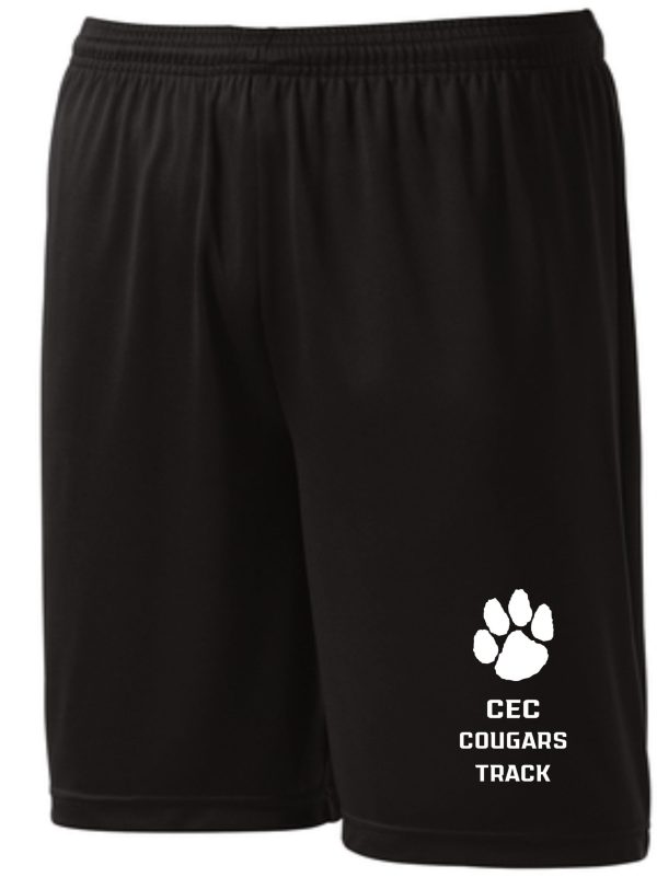 CEC Track Black shorts ST355/YST355 with a white "cec cougars track" logo and a paw print on the left leg.