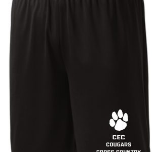 CEC Cross Country Black shorts ST355/YST355 with "cec cougars cross country" and a paw print logo on the left leg.