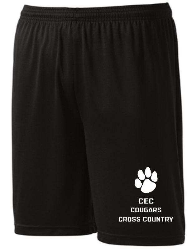 CEC Cross Country Black shorts ST355/YST355 with "cec cougars cross country" and a paw print logo on the left leg.