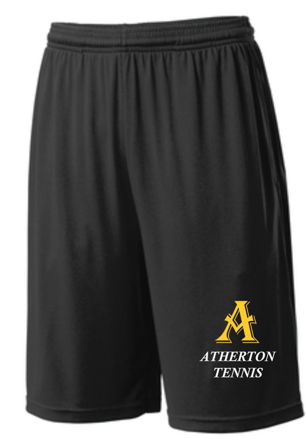 Black athletic shorts with Atherton Tennis logo.