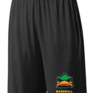 Black baseball shorts with a duck logo.