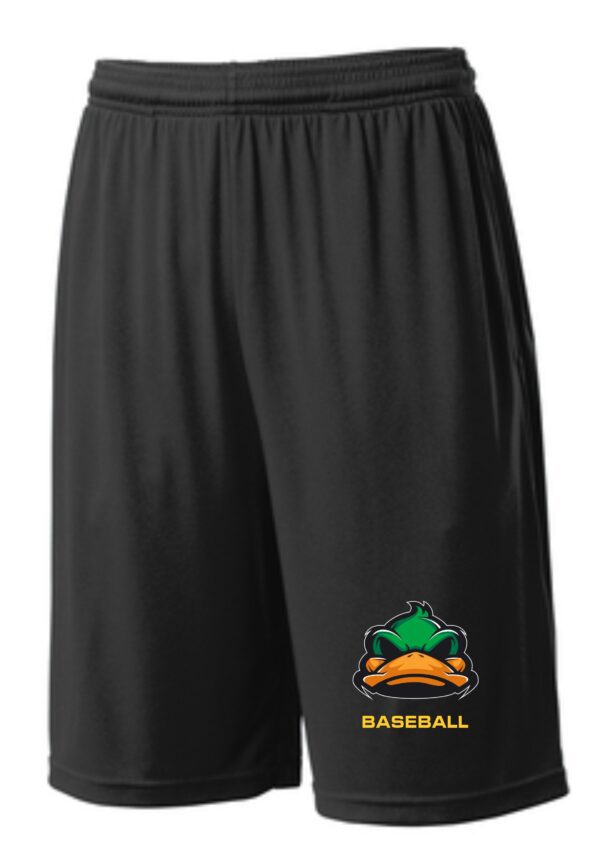 Black baseball shorts with a duck logo.