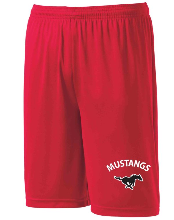 St Margaret Mary red shorts ST355/YST355 with a white "mustangs" logo and horse silhouette on the left leg.