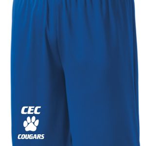 CEC Baseball Royal blue shorts ST355/YST355 with "cec cougars" and a paw print logo on the left leg.