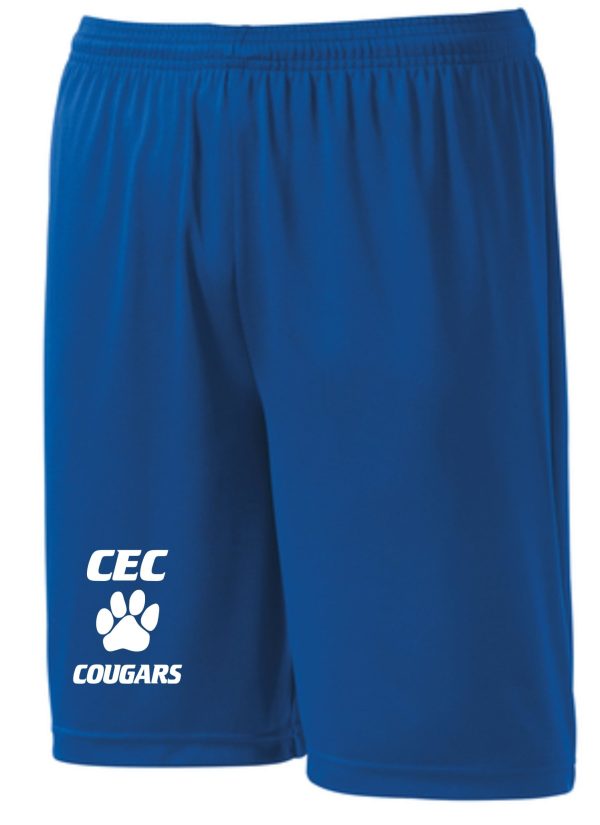 CEC Baseball Royal blue shorts ST355/YST355 with "cec cougars" and a paw print logo on the left leg.