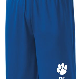 CEC Basketball Royal blue shorts with a white paw print and "cec cougars" text on the left leg.