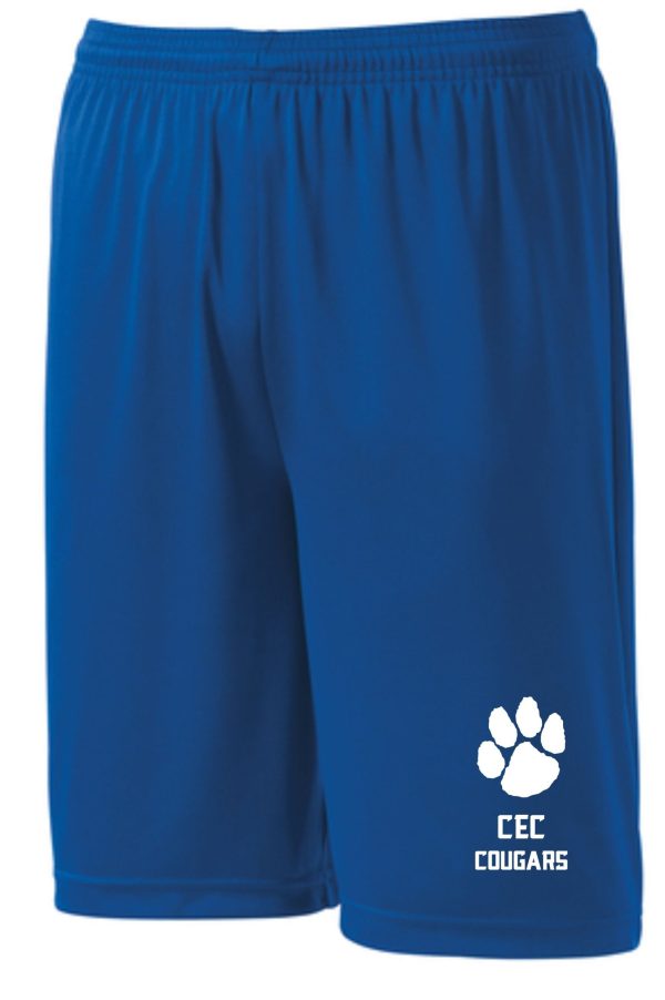 CEC Basketball Royal blue shorts with a white paw print and "cec cougars" text on the left leg.