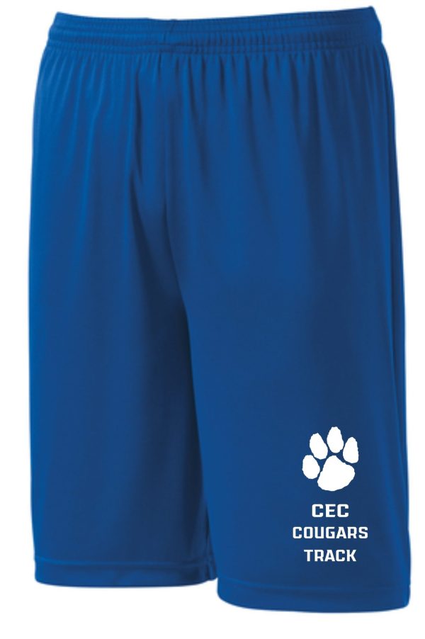 CEC Track Royal shorts ST355/YST355 with "cec cougars track" and a paw print logo on the left leg.