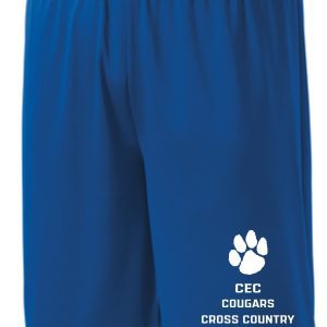 CEC Cross Country Royal shorts ST355/YST355 with a white "cec cougars cross country" logo and a paw print on the left leg.