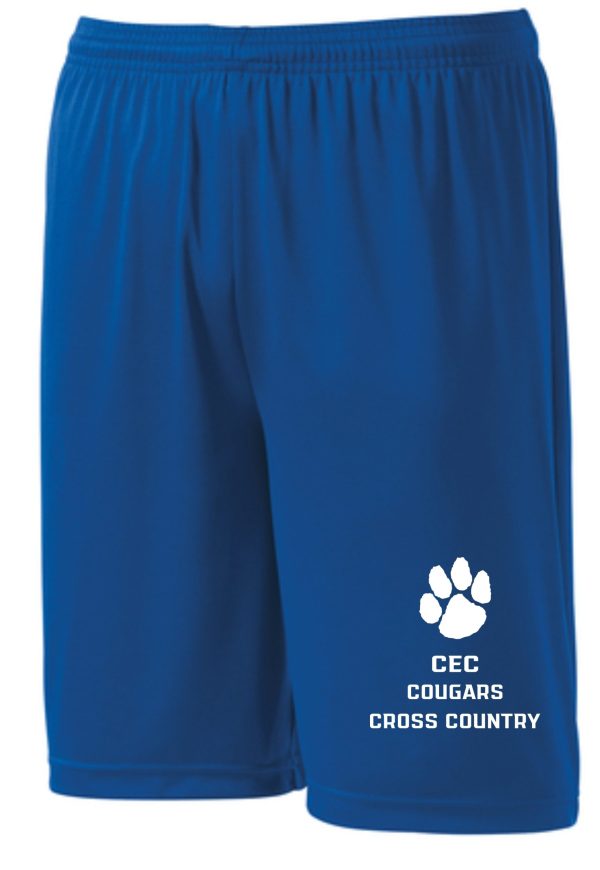 CEC Cross Country Royal shorts ST355/YST355 with a white "cec cougars cross country" logo and a paw print on the left leg.