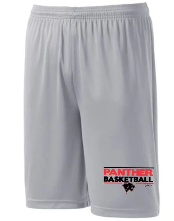 Heart For Christ moisture wicking shorts ST355 with an elastic waistband and a "panther basketball" logo on the left leg.