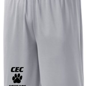 Gray CEC Baseball Silver shorts ST355/YST355 with "cec cougars" and a paw print logo on the left leg.