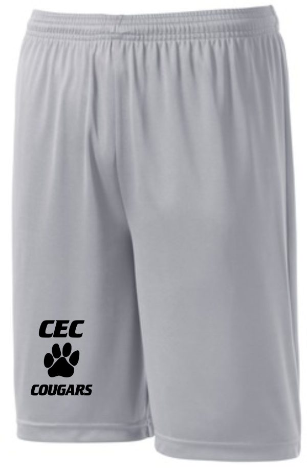 Gray CEC Baseball Silver shorts ST355/YST355 with "cec cougars" and a paw print logo on the left leg.