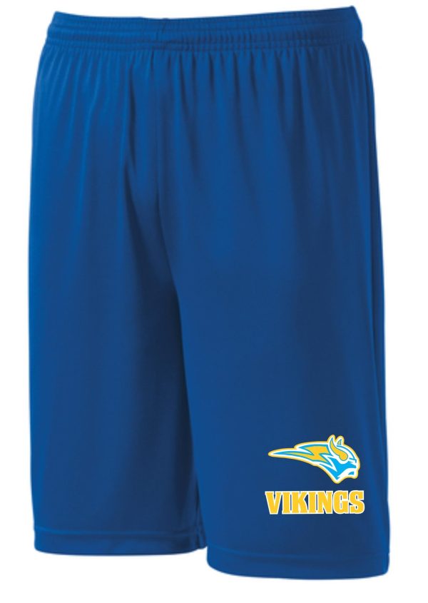 Blue athletic shorts with Vikings logo.