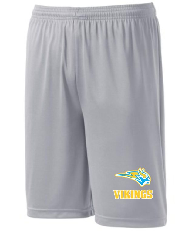 Gray athletic shorts with Vikings logo.