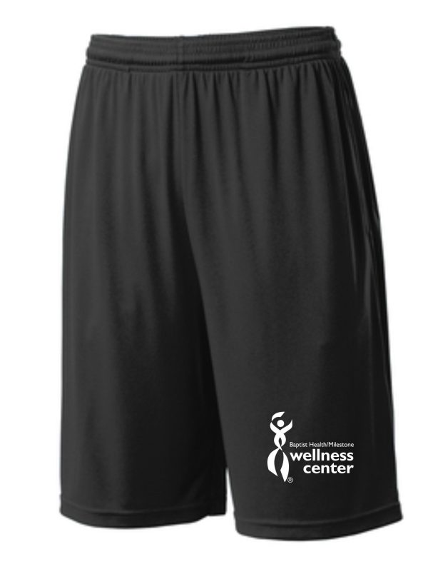 Black athletic shorts with wellness center logo.