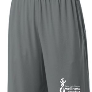 Gray athletic shorts with wellness center logo.