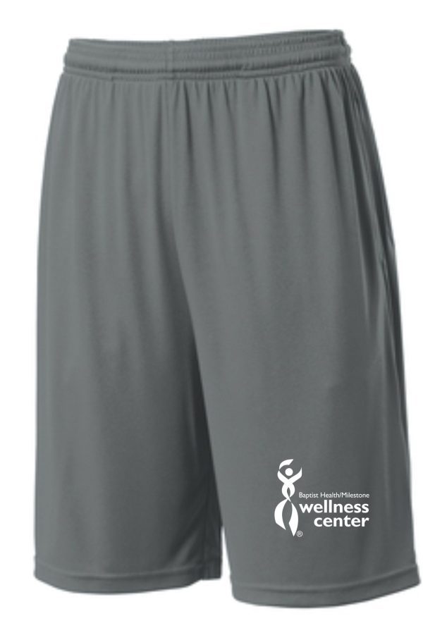 Gray athletic shorts with wellness center logo.