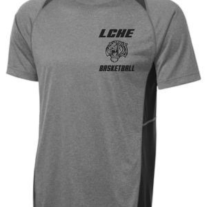 Gray LCHE Tigers Coaches Tshirt with black side panels and the logo "lche basketball" featuring a stylized lion's head on the upper left.