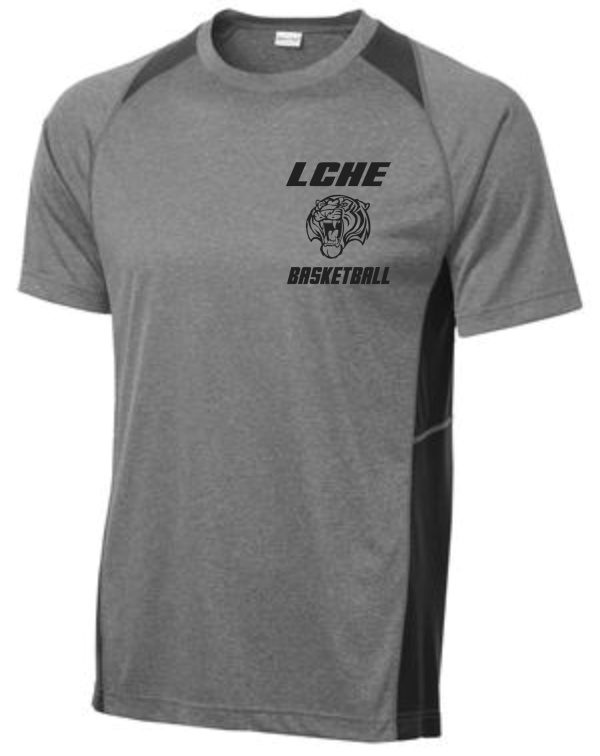 Gray LCHE Tigers Coaches Tshirt with black side panels and the logo "lche basketball" featuring a stylized lion's head on the upper left.