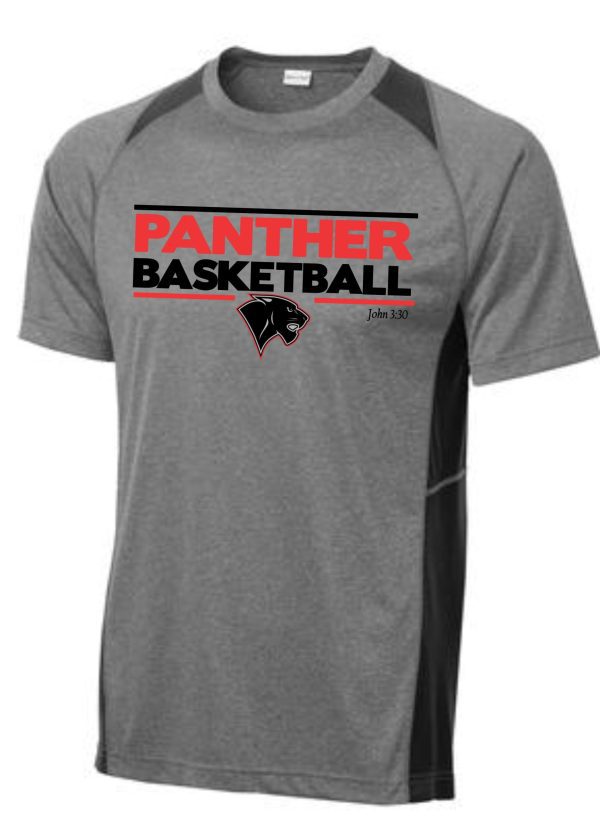 Heart For Christ Basketball Colorblock T ST361 sports t-shirt with black side panels, featuring "panther basketball" in red letters and a panther logo, with the text "john 3:30" below it.