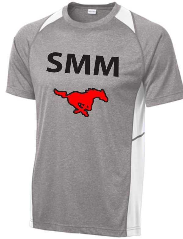 Gray and white St Margaret Mary athletic t-shirt with the letters "smm" in black above a red bull logo on the chest.